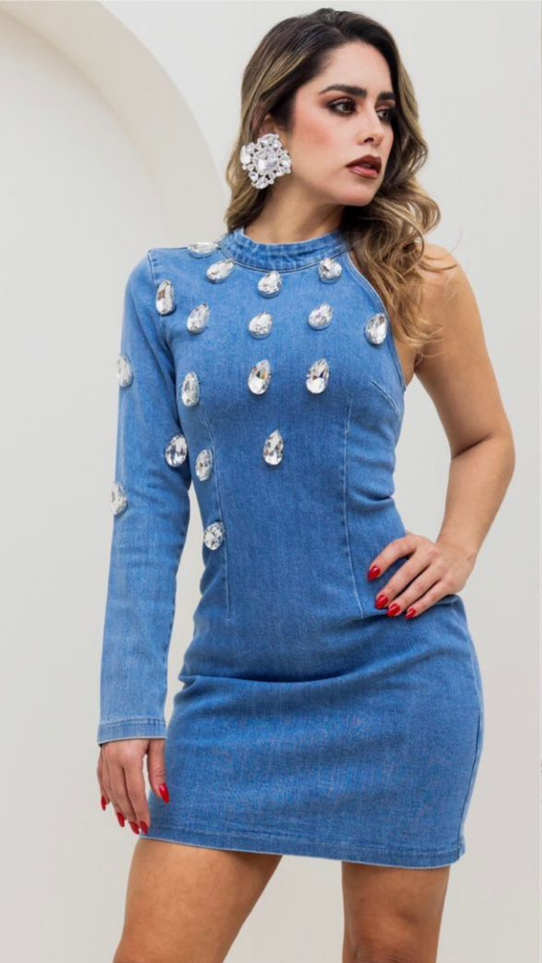 Vestido manga cristales denim