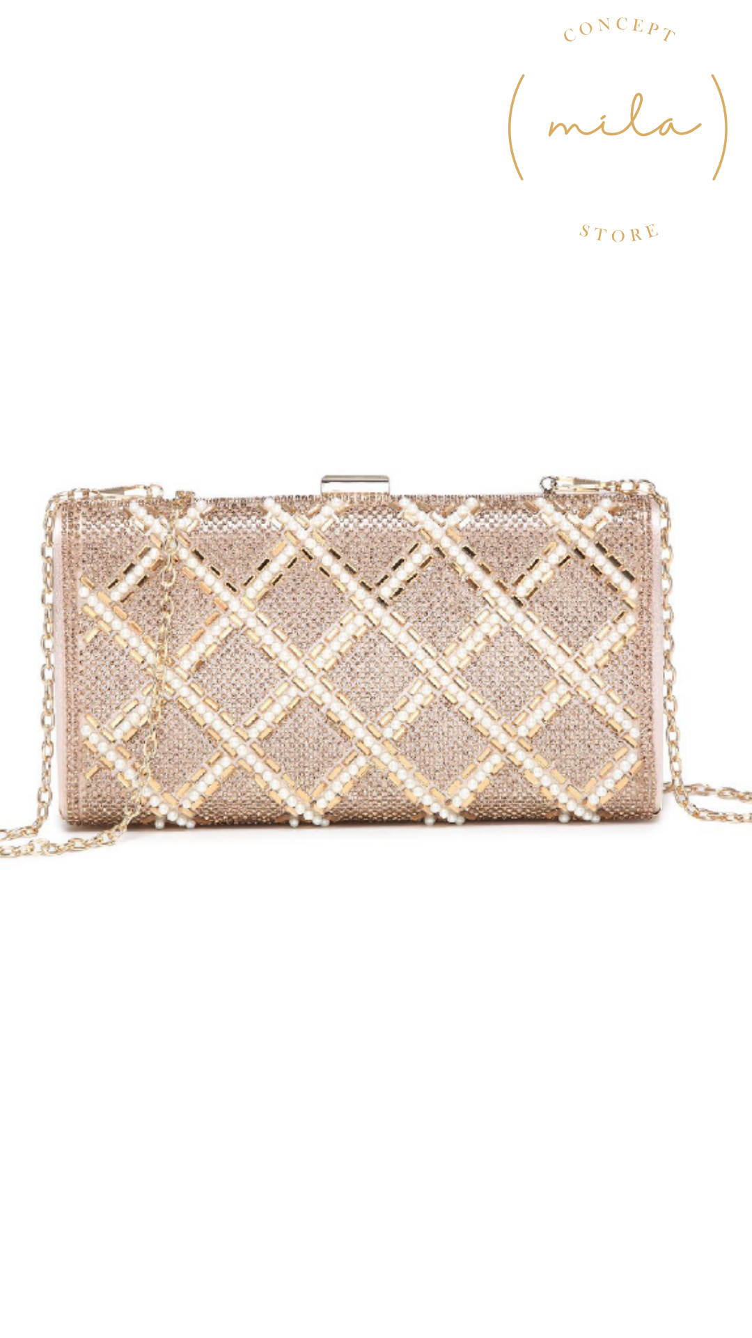 Bolso rectangular rose gold.