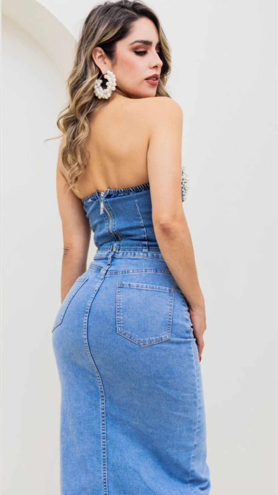 Top denim perlas cristales